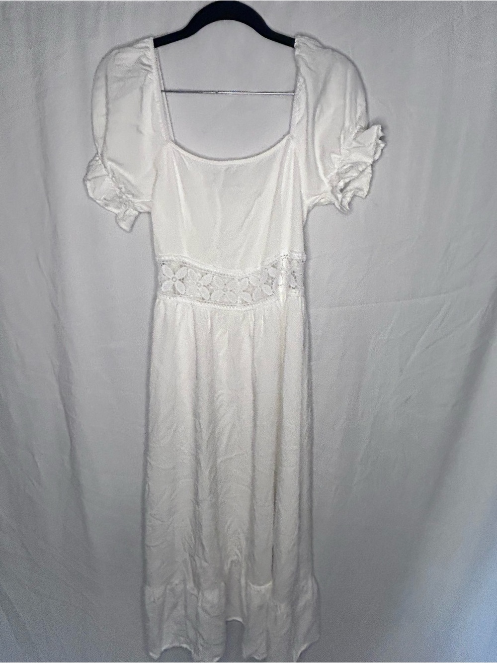 White Puff Sleeve Midi Dress with Crochet Waist Detail